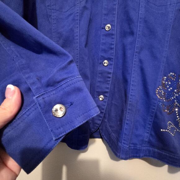 Vtg Quacker Factory Floral Embellished Denim Jacket Womens XL Blue Western Artsy - Picture 2 of 10